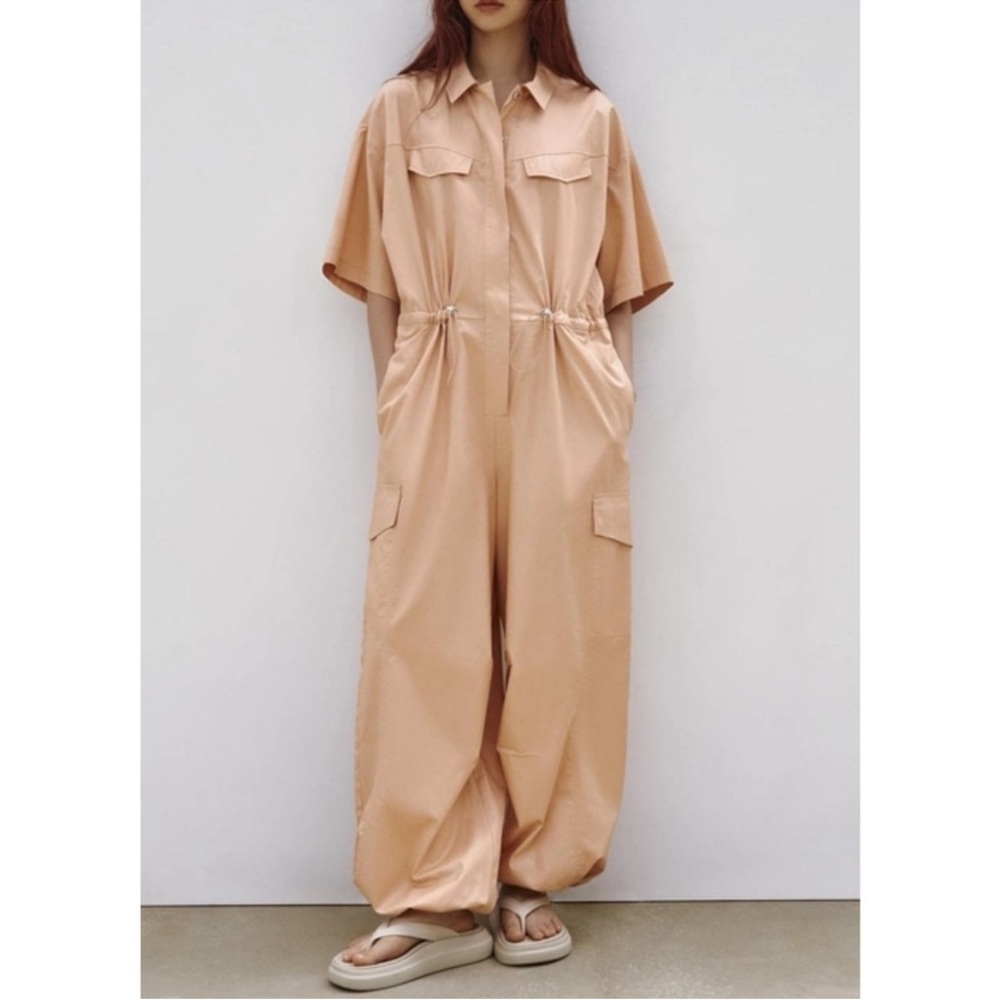 Zara Peach Utility Short-Sleeve Jumpsuit